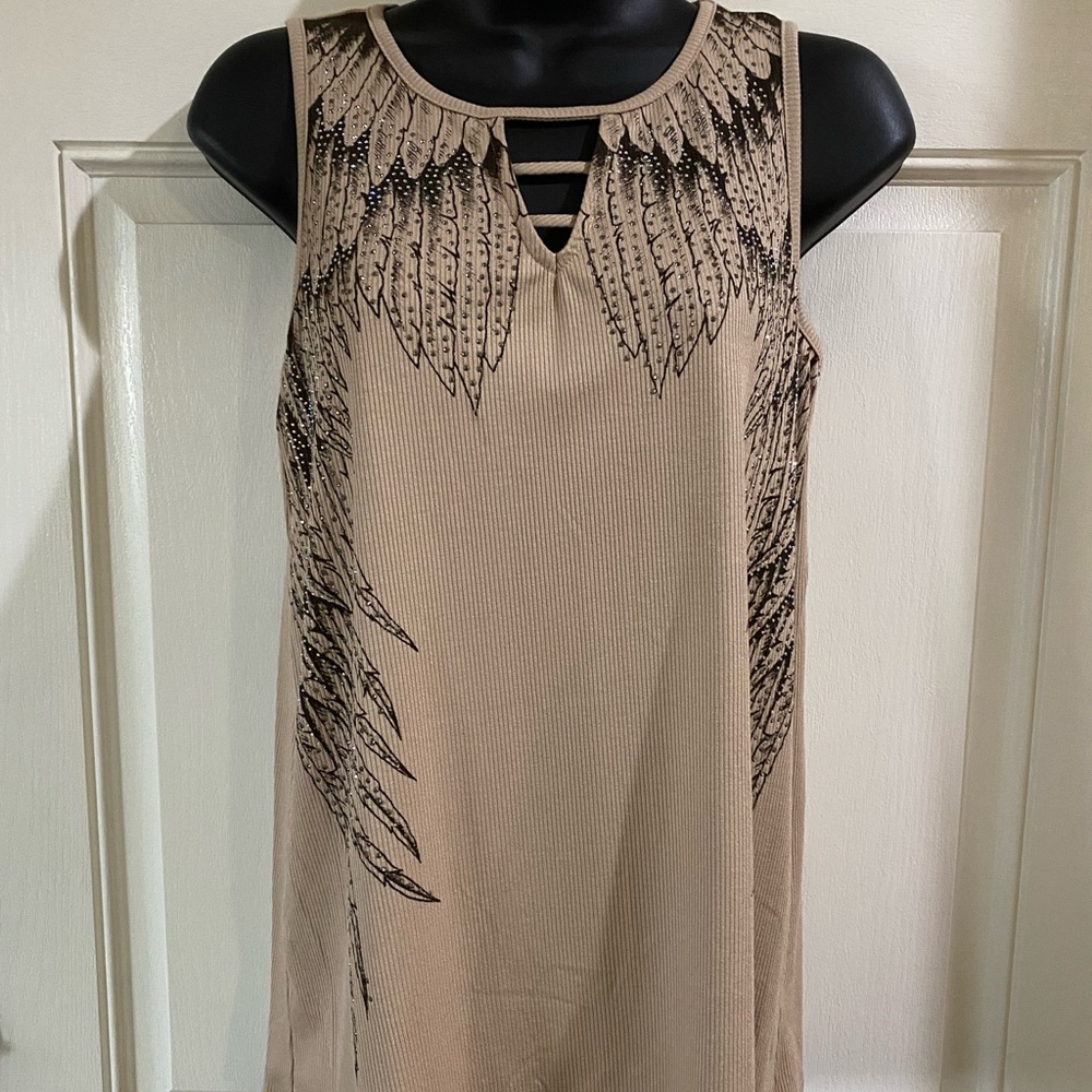 Vocal Sleeveless Taupe Wing-Print Tank Top 100% Cotton with V-Cut neck detail